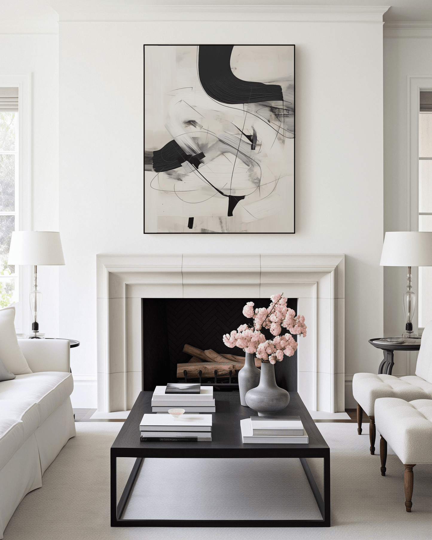 Large black, white and beige brushstrokes minimalist abstract art with a black frame over a white fireplace in a modern living room.