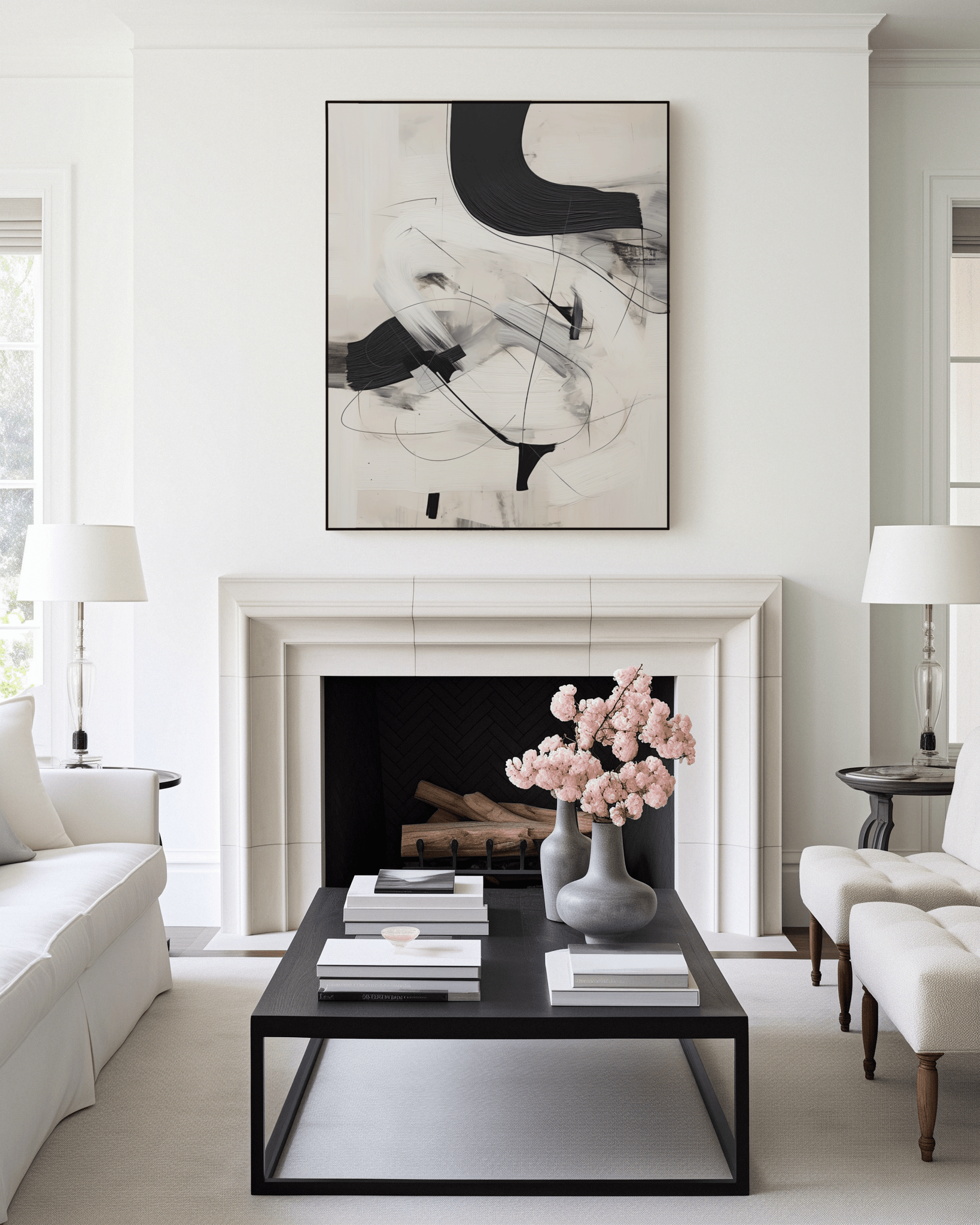 Large black, white and beige brushstrokes minimalist abstract art with a black frame over a white fireplace in a modern living room.