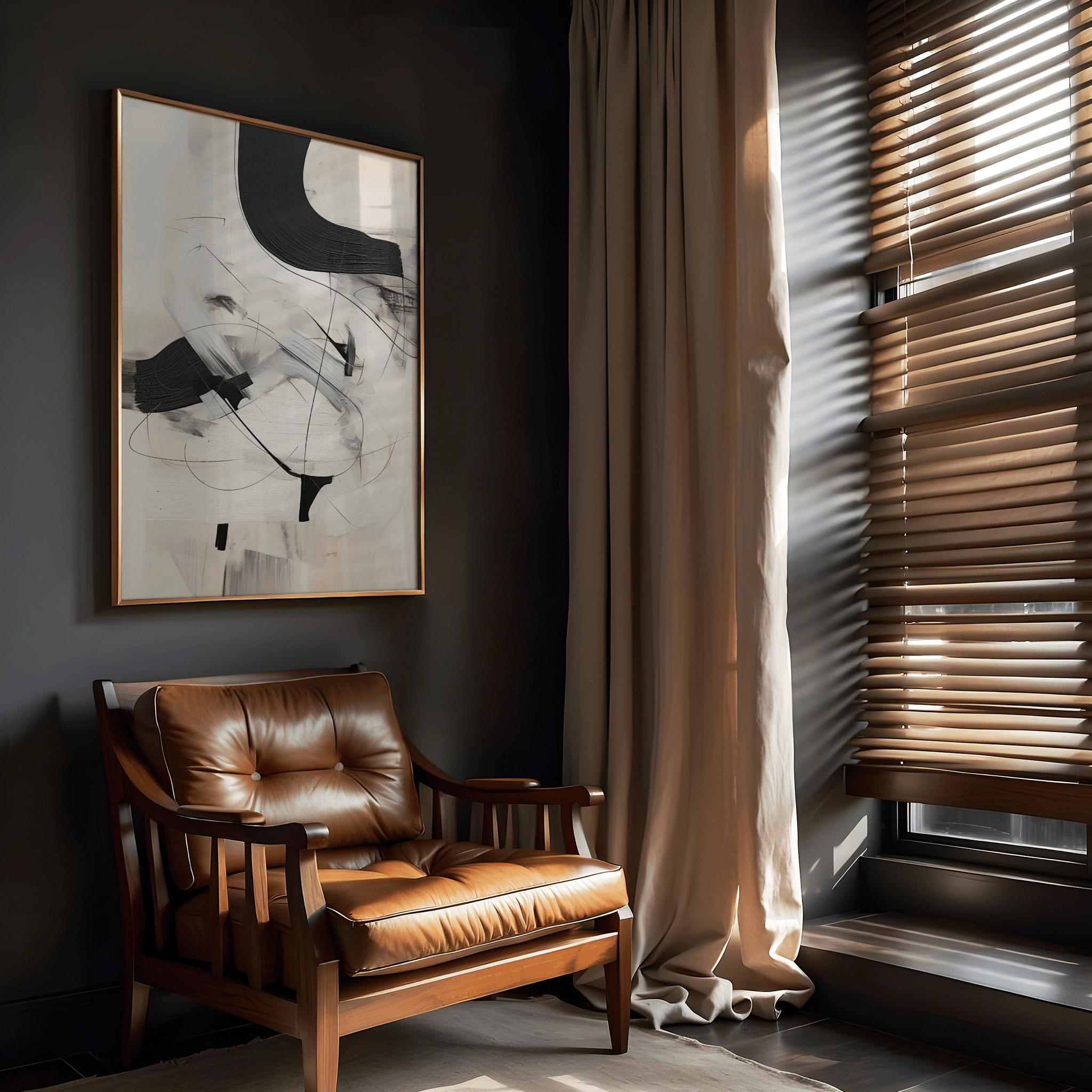 Framed black, beige, white abstract wall art print on a black wall beside a brown leather tufted chair in a moody study or office.