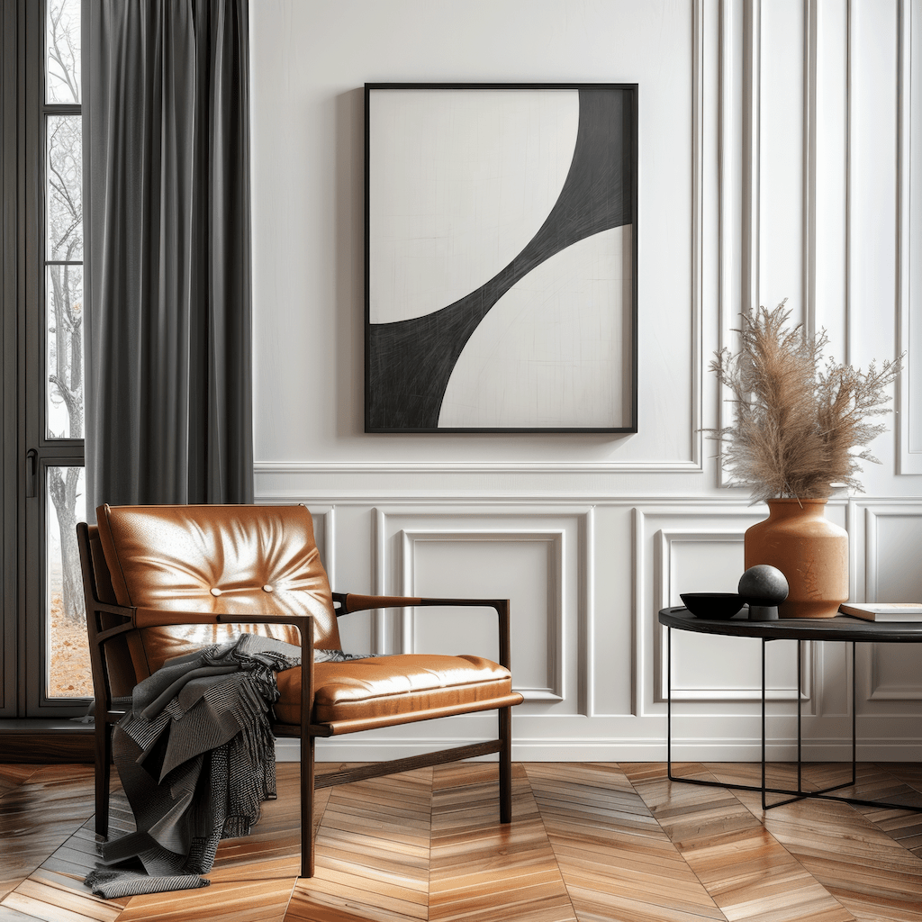 Framed black and white curve abstract wall art in a contemporary living room above a brown leather chair and dark curtains.