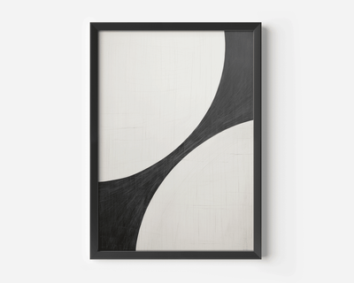 close-up of the black and white curve abstract in a matte black frame on white background.