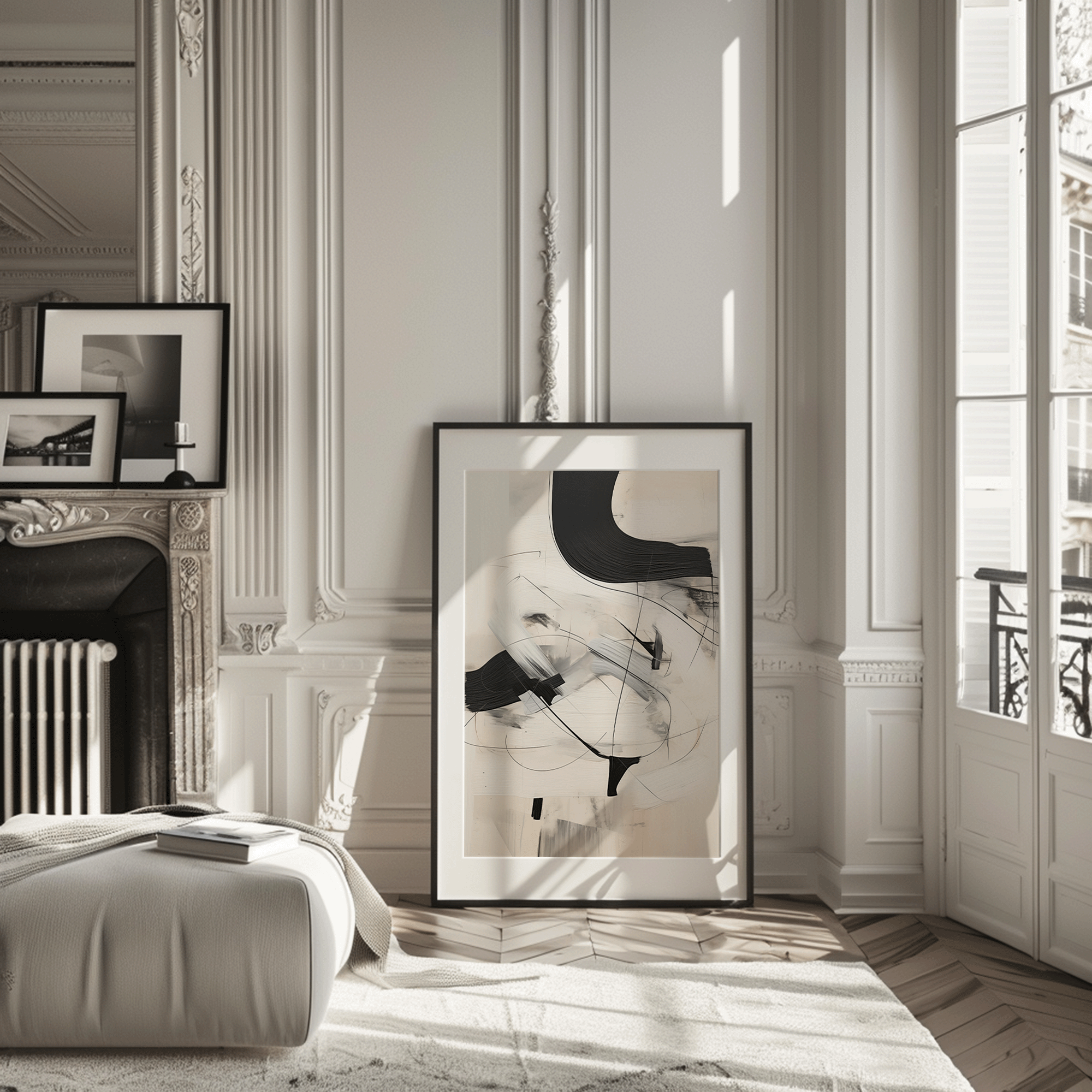 Portrait framed black and white minimalist abstract art wall art print on ivory background in a modern living room next to a fireplace.