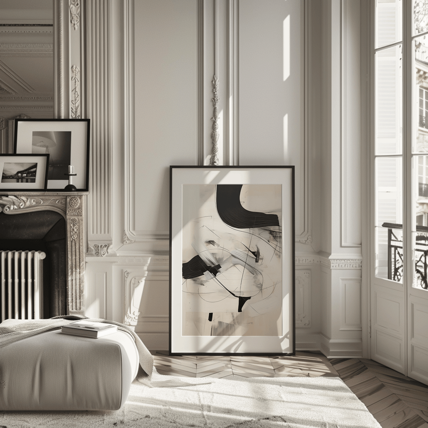 Portrait framed black and white minimalist abstract art wall art print on ivory background in a modern living room next to a fireplace.