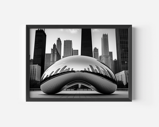 Black and white Chicago wall art featuring the Bean and skyline with a black frame