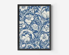 Black-framed blue and white chinoiserie floral print on a white background