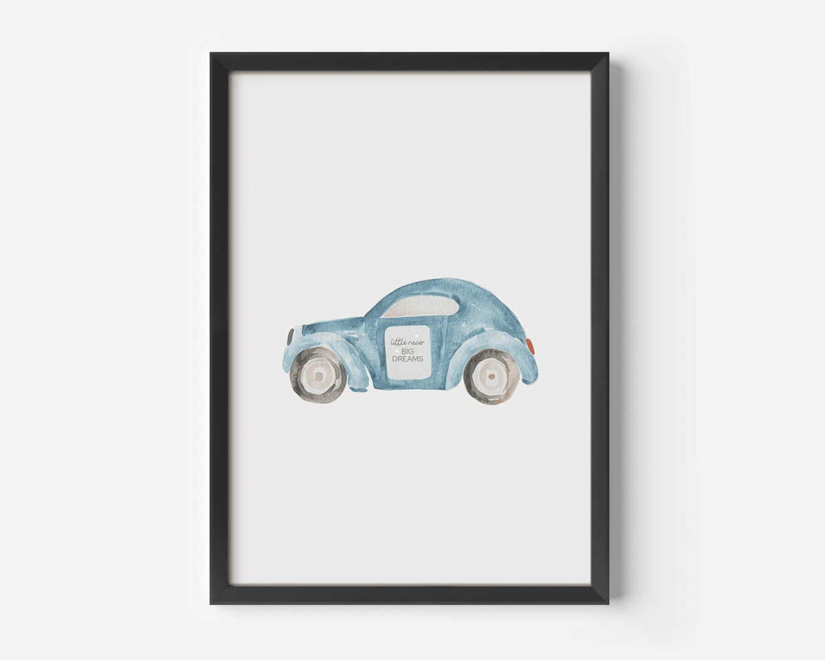 Black-framed blue watercolour car nursery print on a white background
