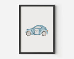 Black-framed blue watercolour car nursery print on a white background