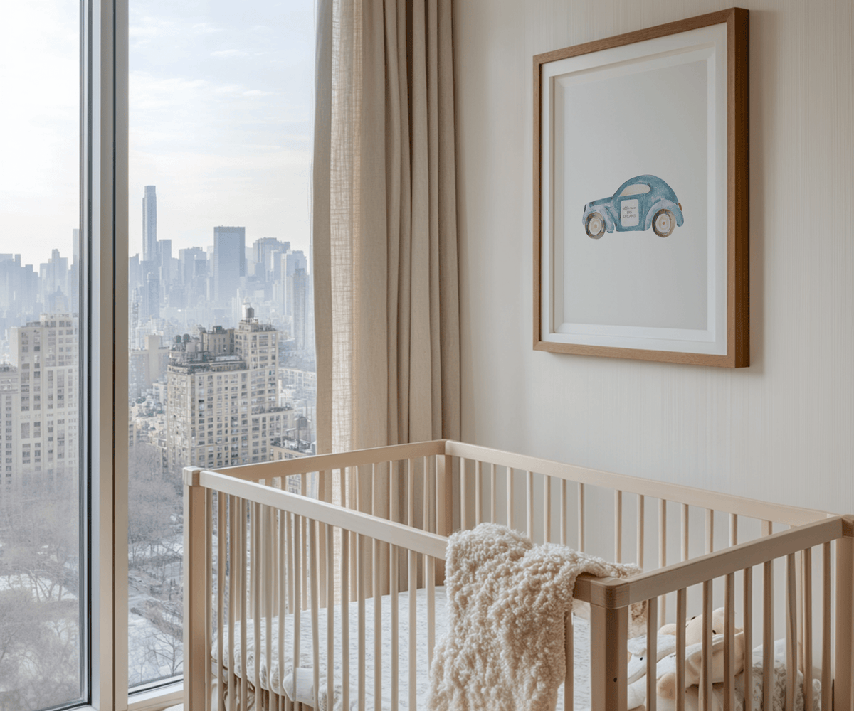 Blue car nursery print above a wooden crib with a city skyline window view