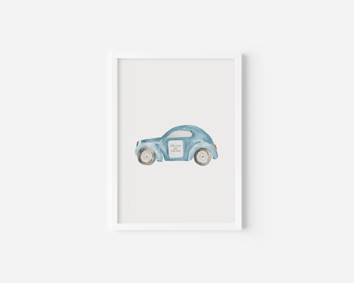 Blue watercolour car nursery print in a white frame on a light background