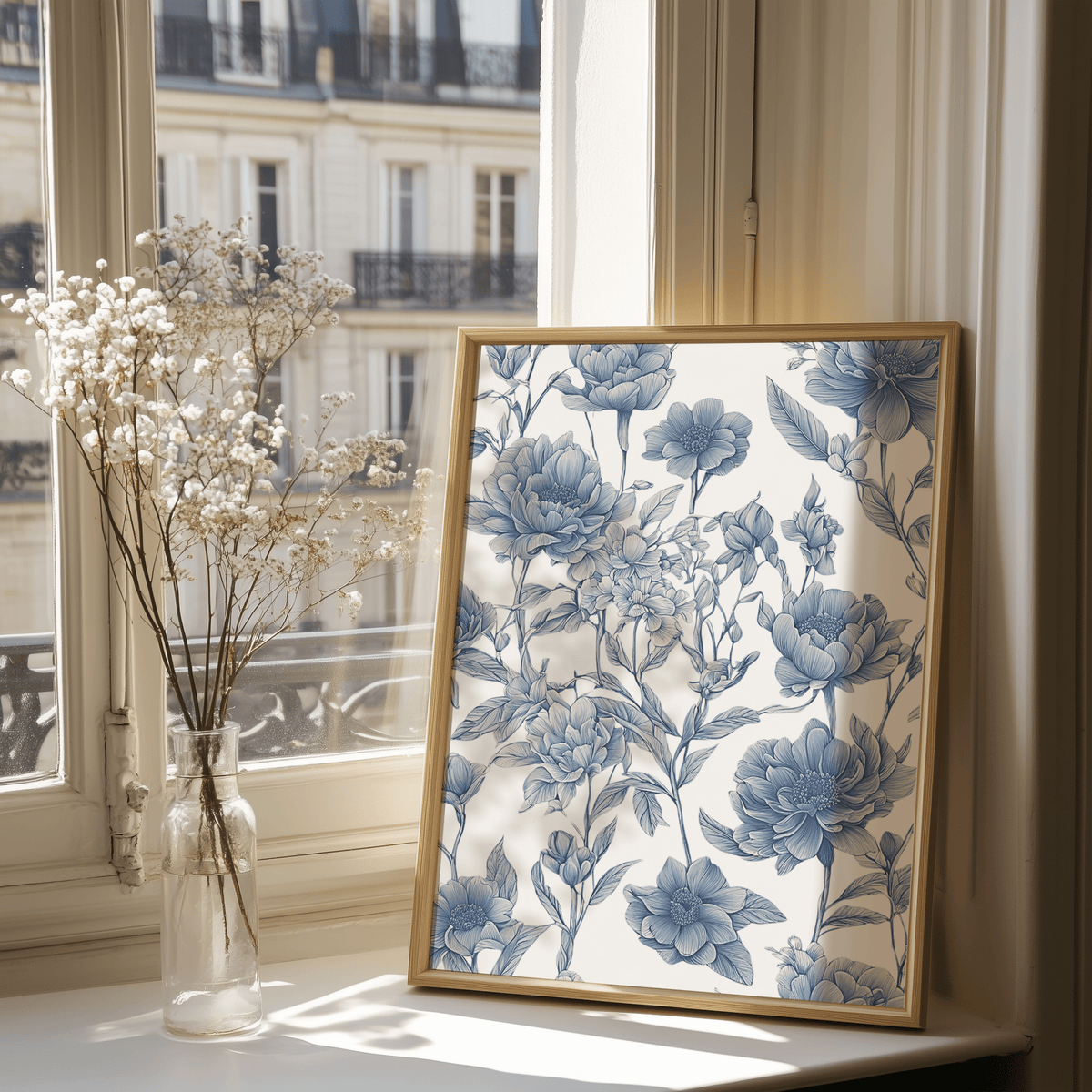 Blue floral toile print in a gold wood frame on a windowsill beside baby's breath and a city balcony view