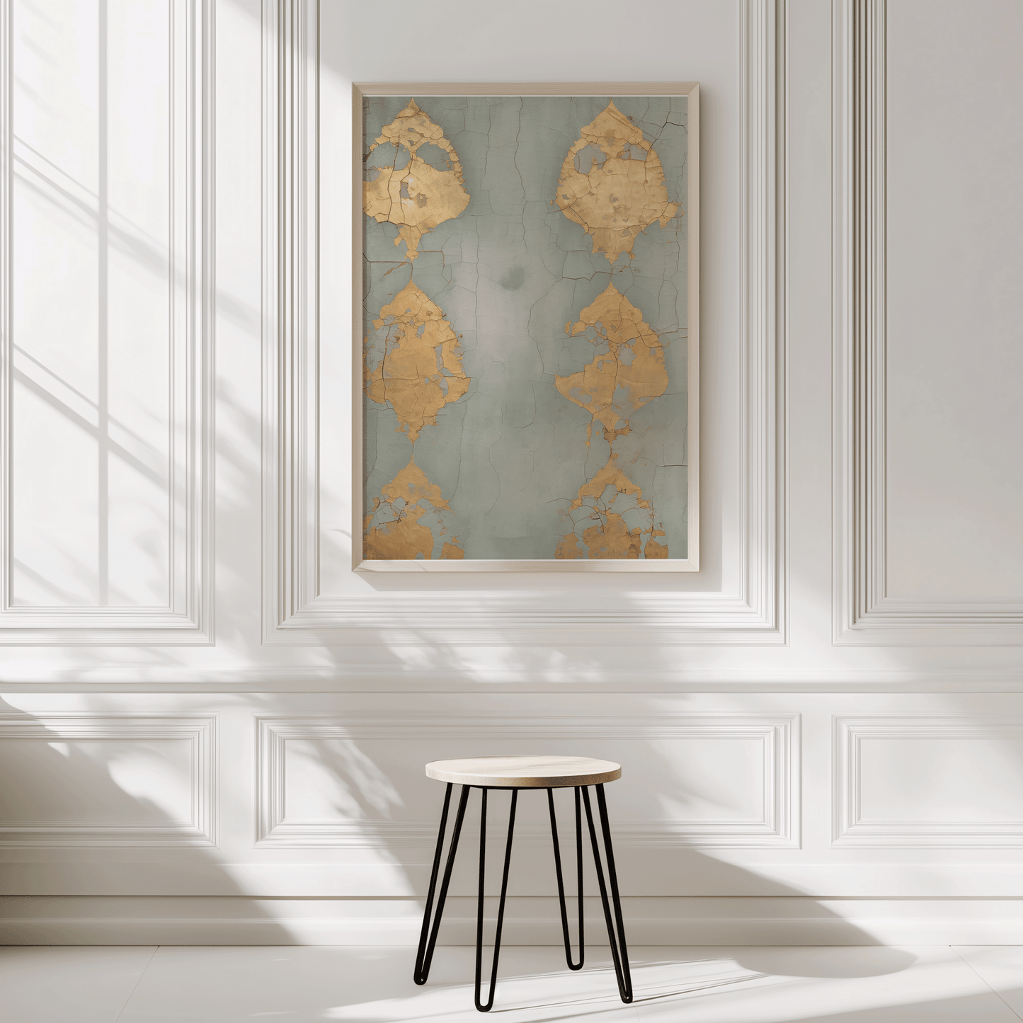Baby blue and goil foil abstract wall art print with light wood frame on a white wall with a small stool in front