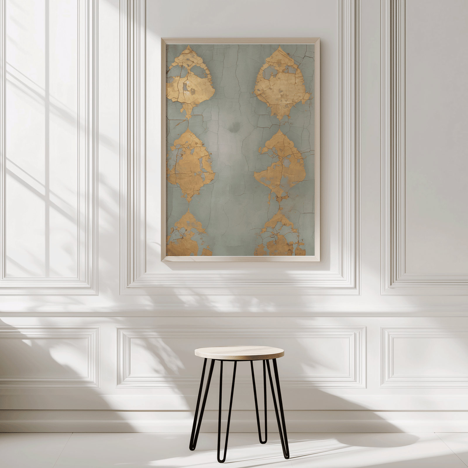 Baby blue and goil foil abstract wall art print with light wood frame on a white wall with a small stool in front