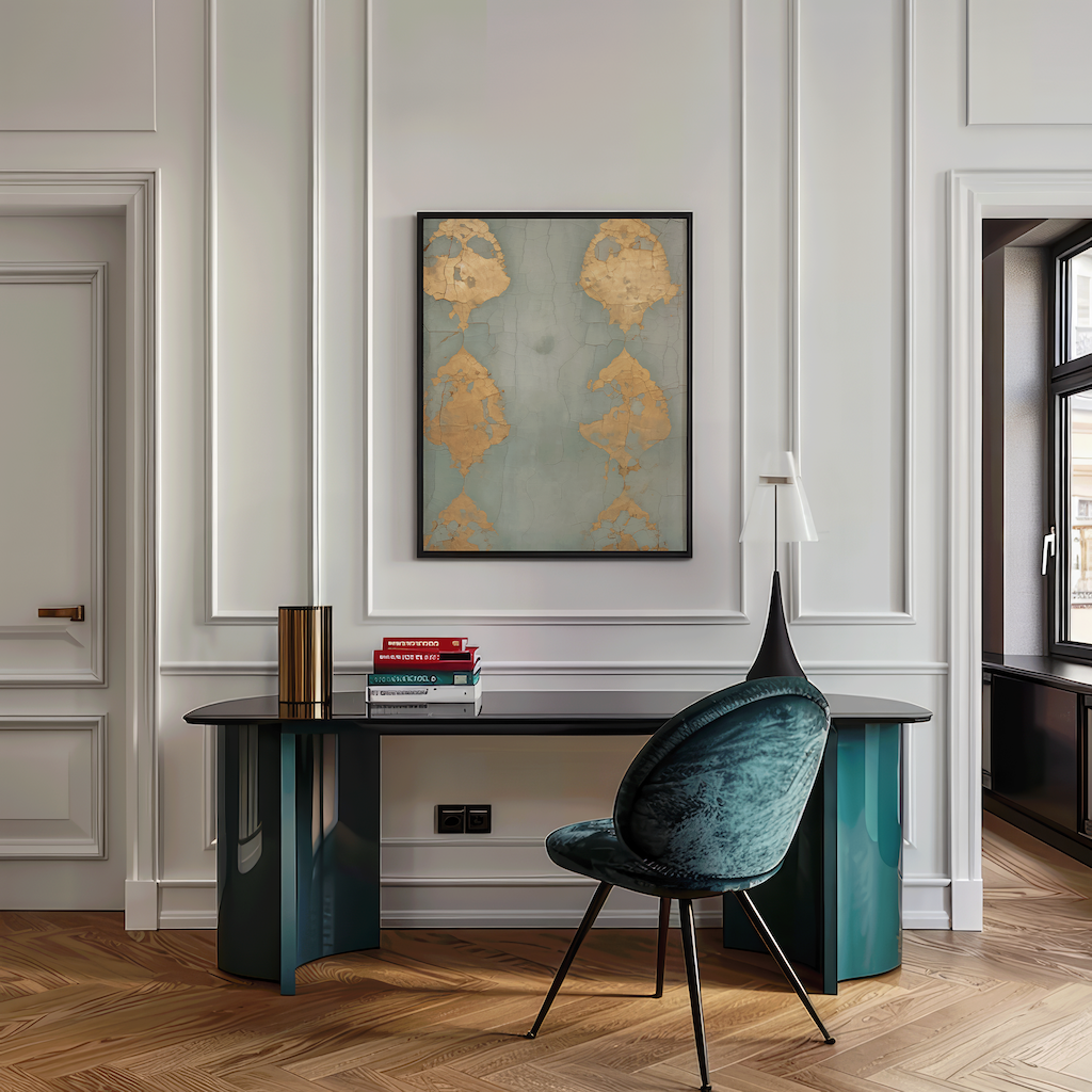 Modern living room with a desk, chair, and blue and gold vintage abstract wall art with black frame on white wall