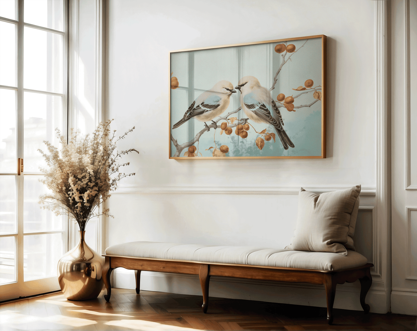 Wood-framed canvas wall art print of vintage birds on a branch above a bench in a hallway