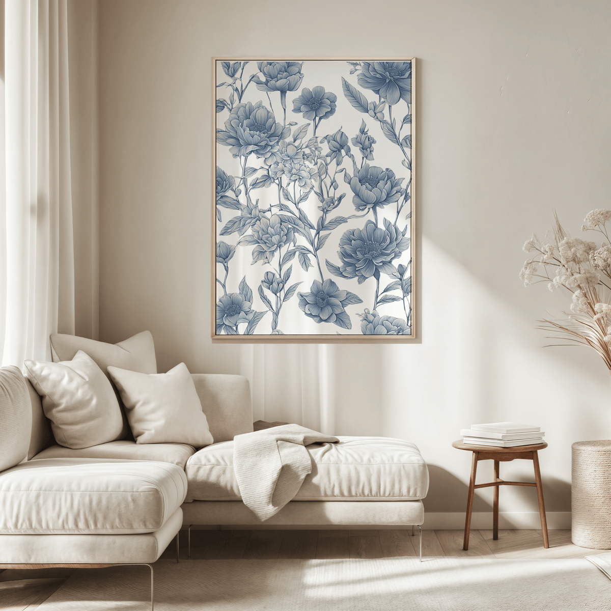 Blue and white floral print in a natural frame above a cream sofa in a sunlit neutral living room