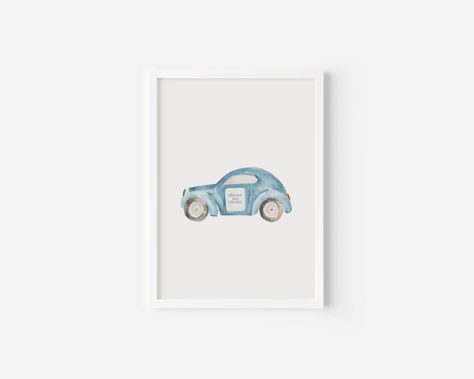 blue vintage car nursery wall art with a white frame on a white wall, little racer big dreams text for a boy bedroom
