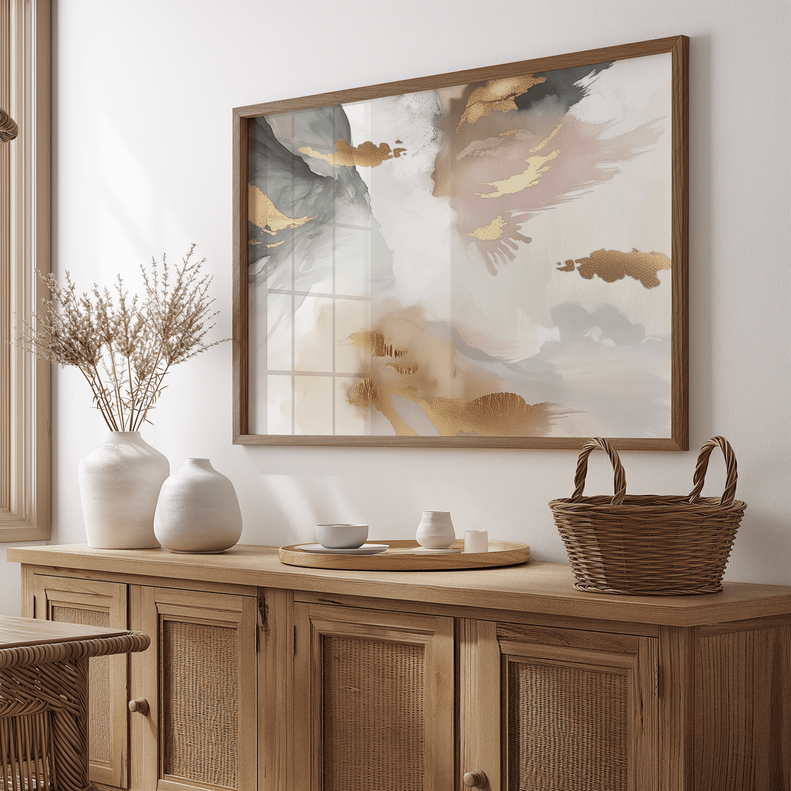 Blush pink, gold, white, beige and white modern abstract wall art above a wooden sideboard with decorative items. Perfect as dining room wall art.