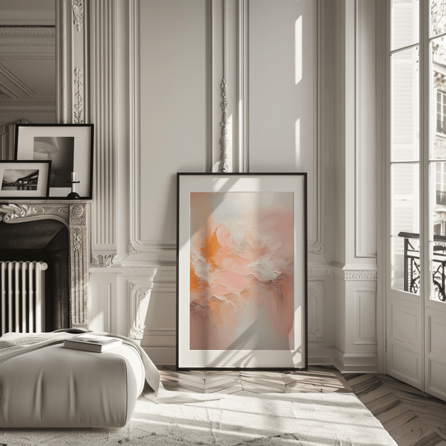 Large vibrant blush pink and gold abstract wall art propped in frame against wall in elegant living room