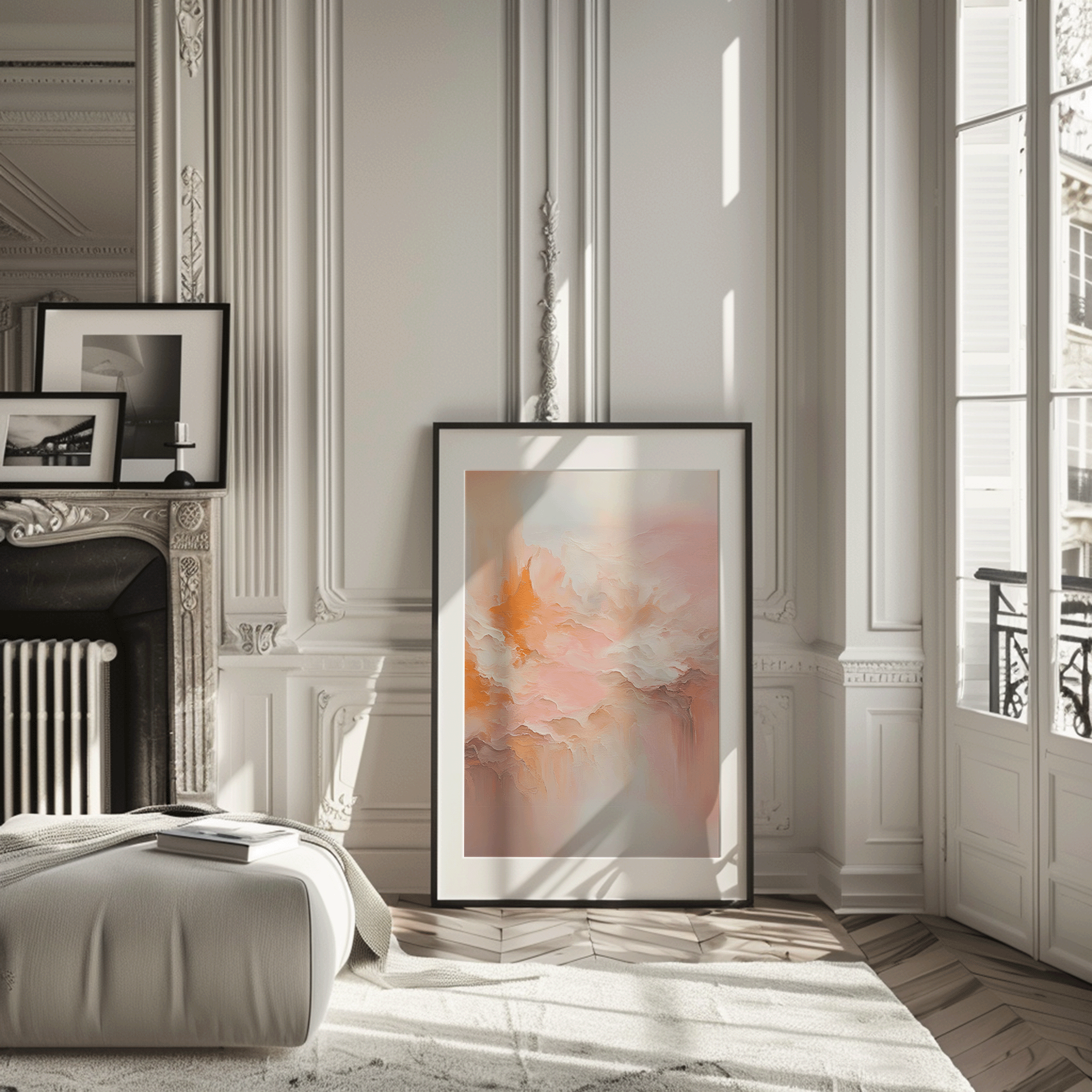 Large vibrant blush pink and gold abstract wall art propped in frame against wall in elegant living room