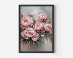 Close-up of blush pink peony bouquet wall art with paint-like faux texture and brushstrokes in a black frame on a white background.