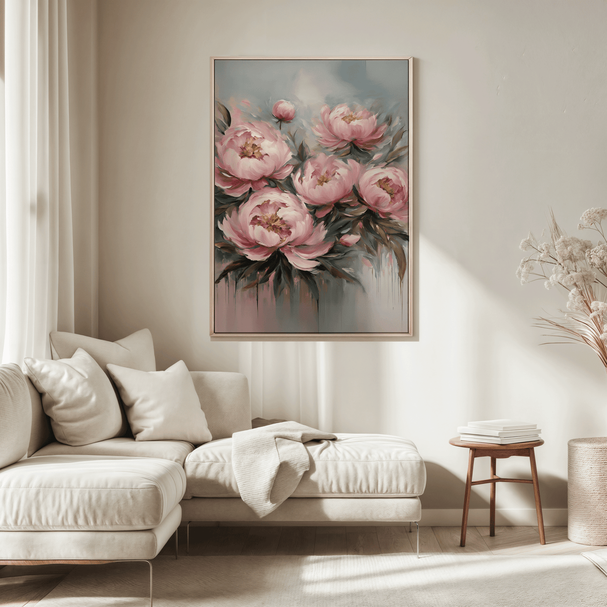 Blush pink peony bouquet wall art framed above a neutral sectional sofa in a minimal living room. A romantic floral painting with pink, green and powder blue accent colors for a paint-like effect.
