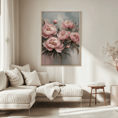 Blush pink peony bouquet wall art framed above a neutral sectional sofa in a minimal living room. A romantic floral painting with pink, green and powder blue accent colors for a paint-like effect.
