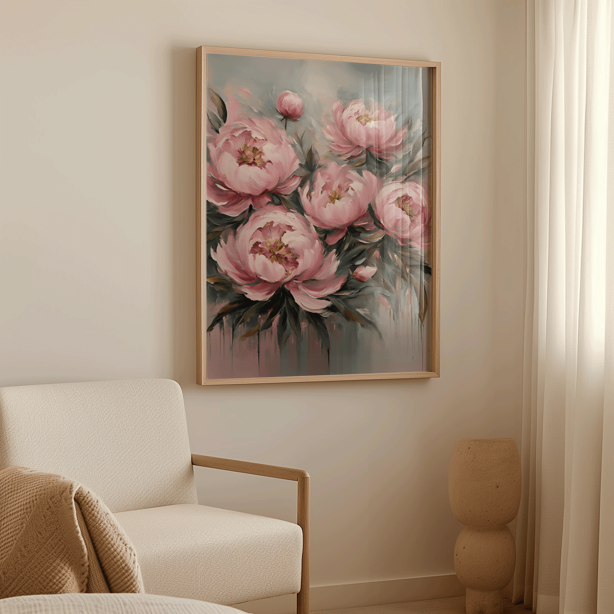 Large blush pink pink peony flower painting framed in light wood in a cozy, sunlit living room corner.