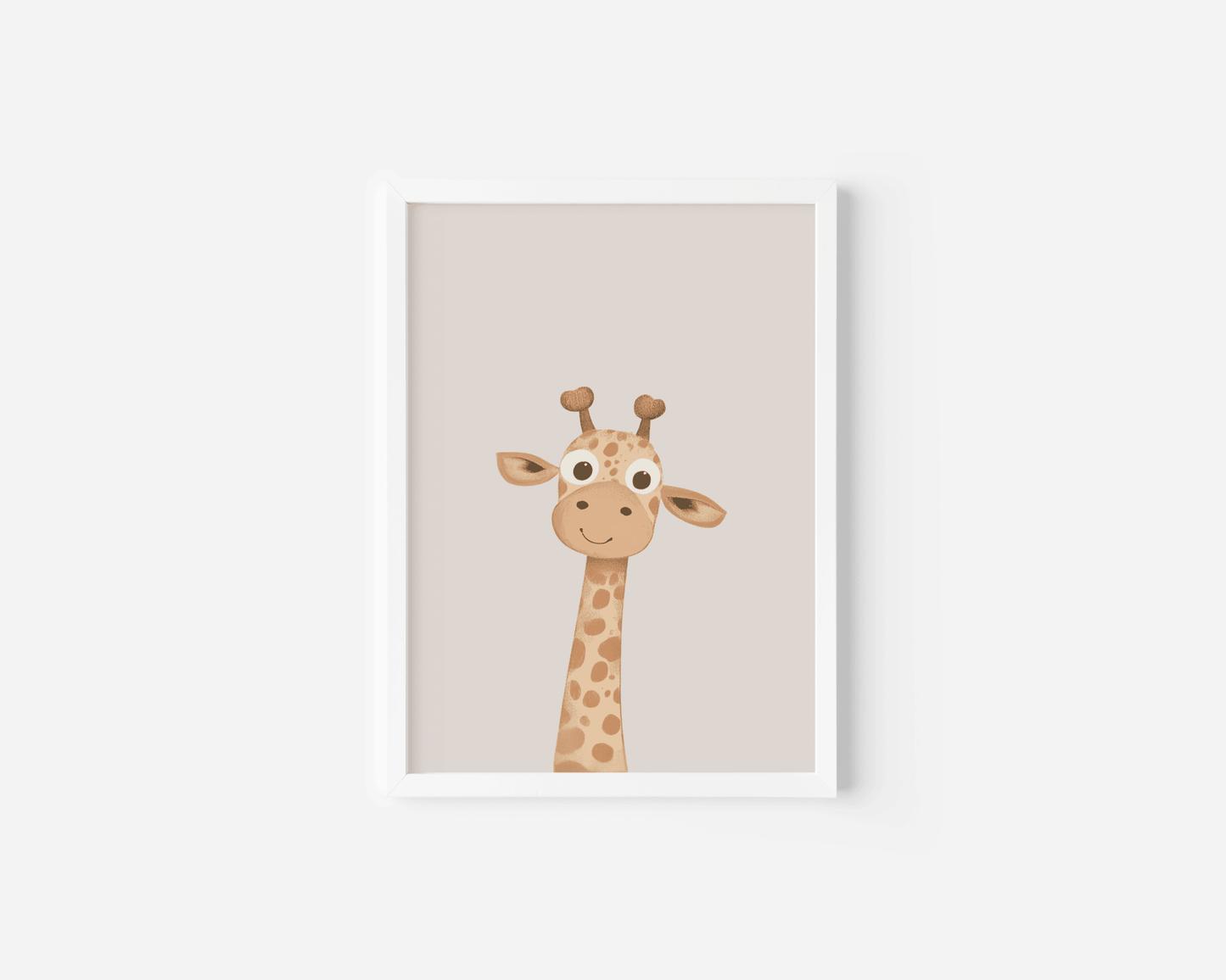Neutral giraffe wall art print with white frame for nursery in soft beige tones
