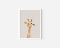 Neutral giraffe wall art print with white frame for nursery in soft beige tones