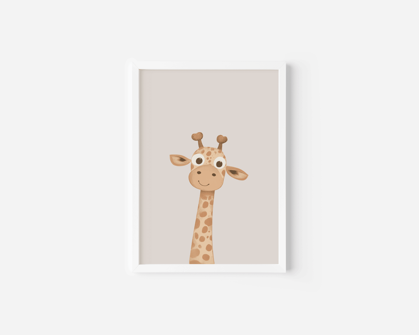 Neutral giraffe wall art print with white frame for nursery in soft beige tones