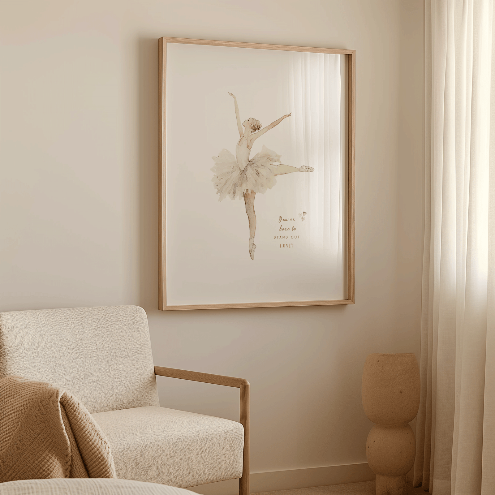 boho bedroom with a vintage beige ballerina in a tutu wall art print and a brown wooden frame next to a beige and wooden chair.