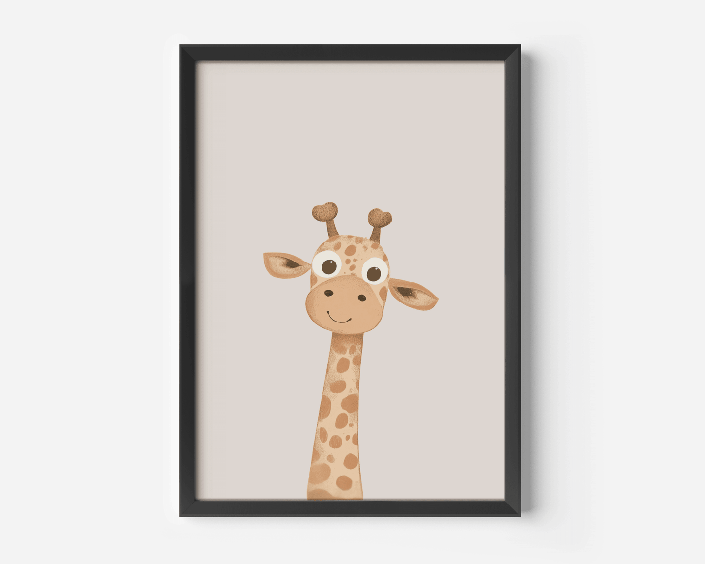 Back-framed giraffe nursery wall art print in neutral tones for baby room or kids room decor