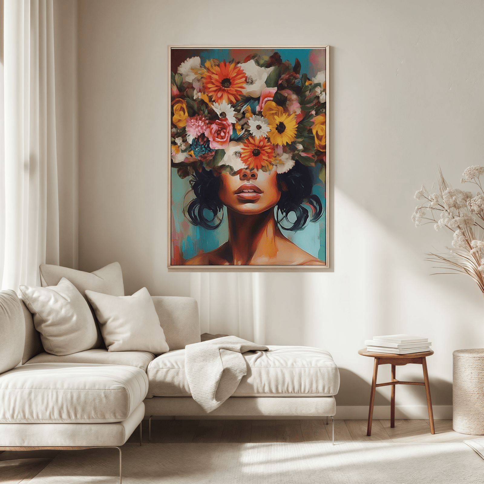 Bohemian floral portrait canvas wall art of woman with flower crown styled above cream sofa in modern living room.