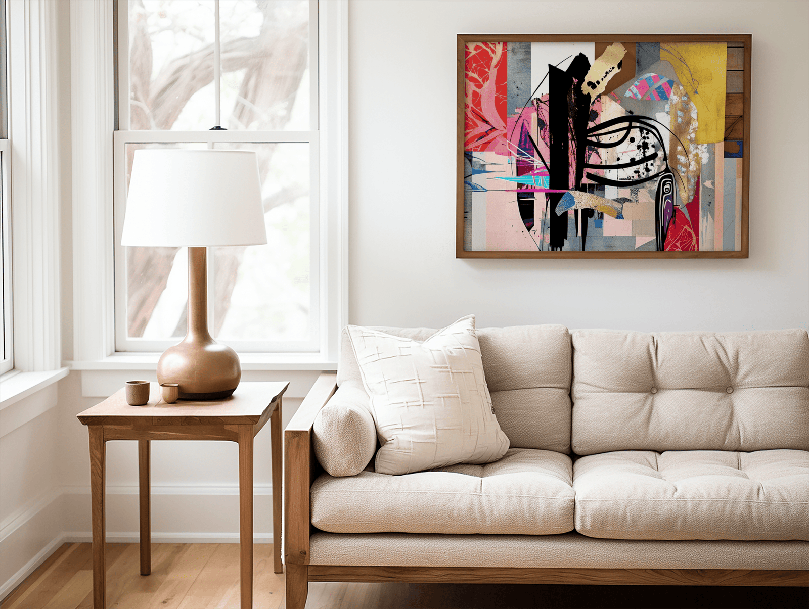 Framed bold artistic colorful abstract wall art print with a brown wooden frame above a cream tufted couch in a neutral living room with wood accents.