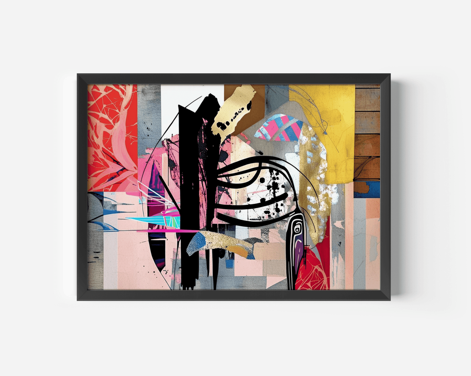 Colorful abstract geometric wall art print with layered shapes and bold modern design. Artwork with black, red, pink, yellow, brown and blue graffiti, mixed media style with a black frame.