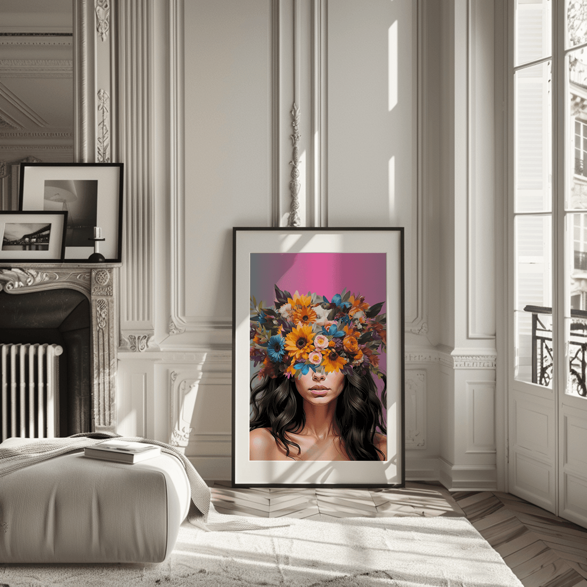 Colorful feminine portrait framed wall art print with sunflower and botanical crown with expressive, modern maximalist style. Artwork has a mix of blue, pink, red, yellow, orange and purple flowers on a woman's head with long brown hair in a contemporary living room.