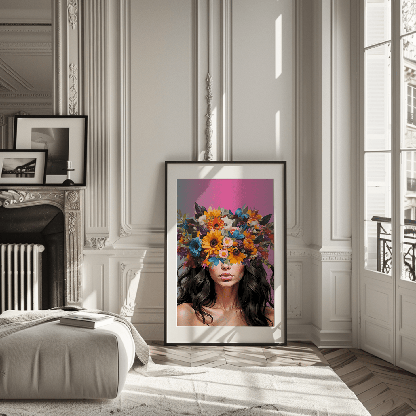 Colorful feminine portrait framed wall art print with sunflower and botanical crown with expressive, modern maximalist style. Artwork has a mix of blue, pink, red, yellow, orange and purple flowers on a woman's head with long brown hair in a contemporary living room.