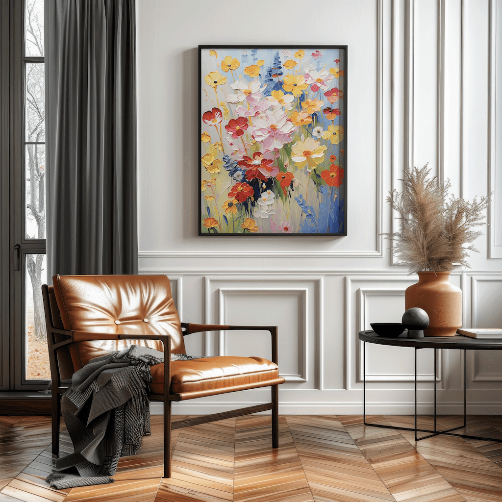Bold wildflower wall art in a modern living room with leather accent chair and side table
