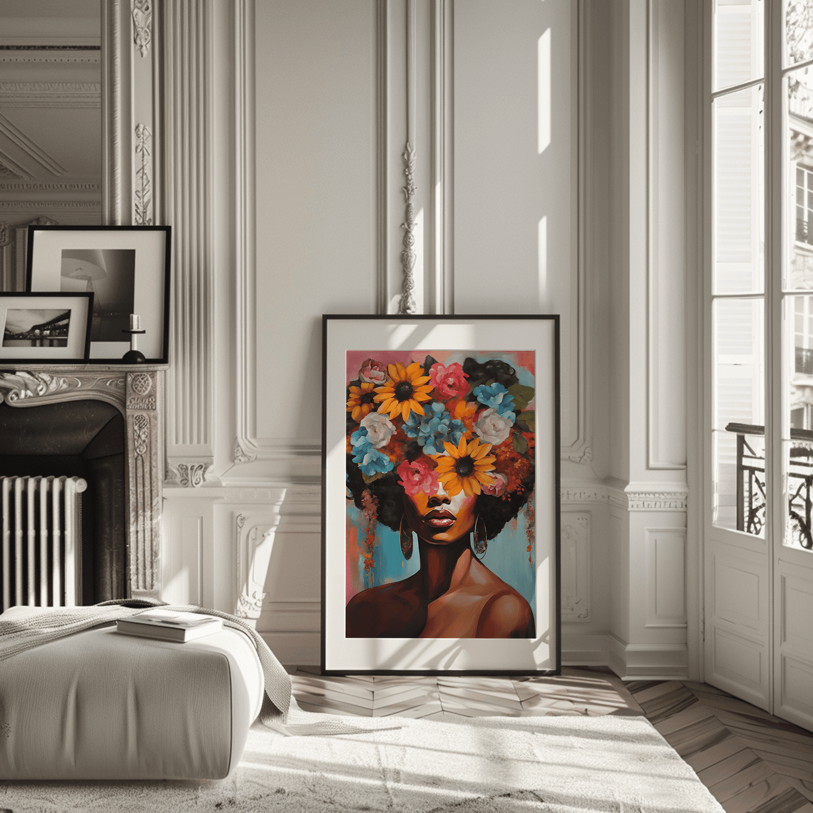 Bold feminine flower head wall art print with bright blossoms in yellow, pink, blue, sunflowers and confident woman portrait in a modern living room next to a fireplace.