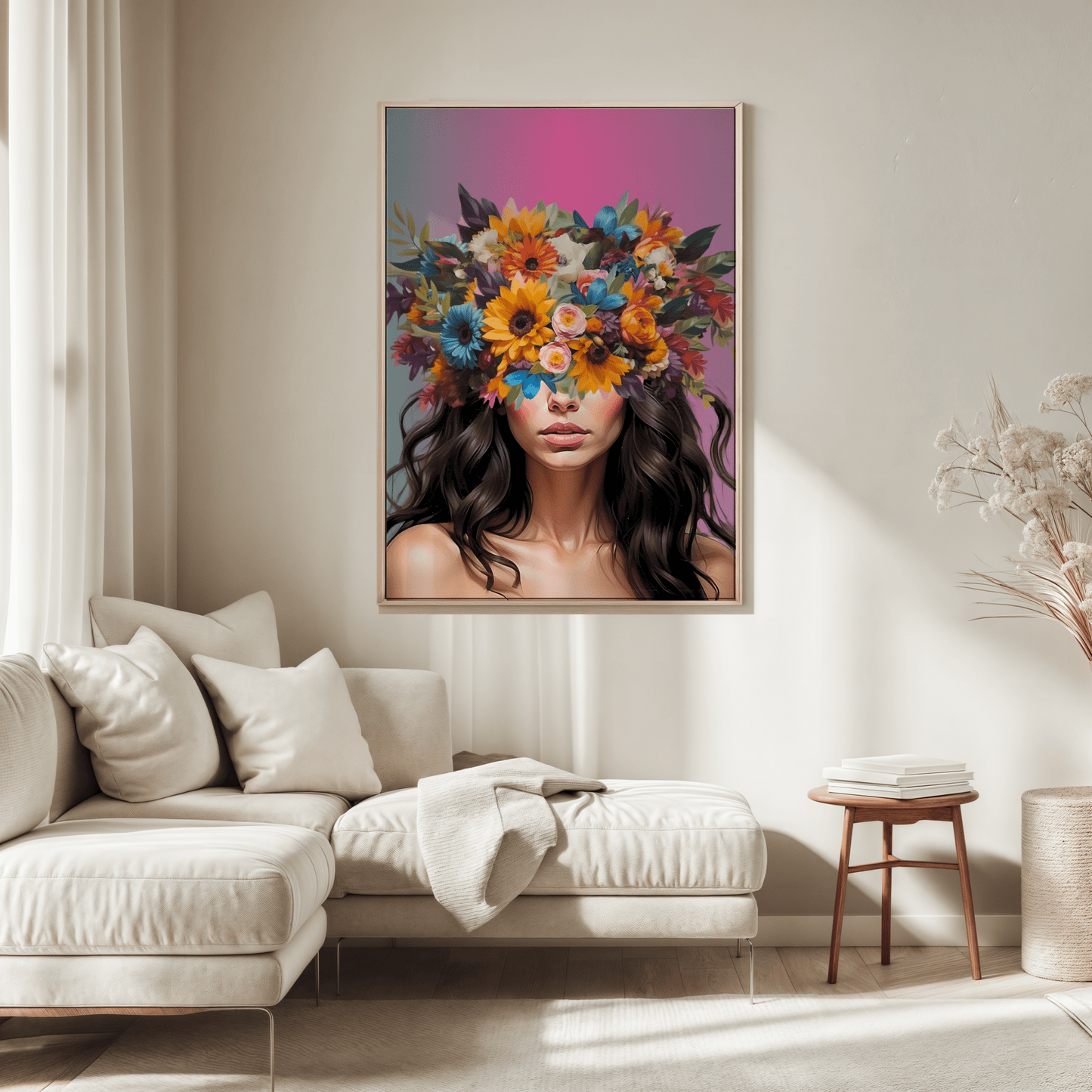 Bold feminine wall art with flower crown and pink gradient background for statement decor in a neutral, modern living room above a cream sectional sofa.