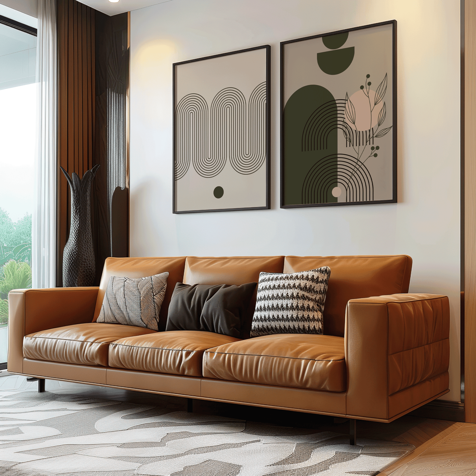 Botanical and abstract wall art set in black frames above a cognac leather sofa in a modern living room