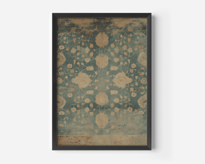 Large floral patterned black-framed wall art with blue and beige textile design on a white background