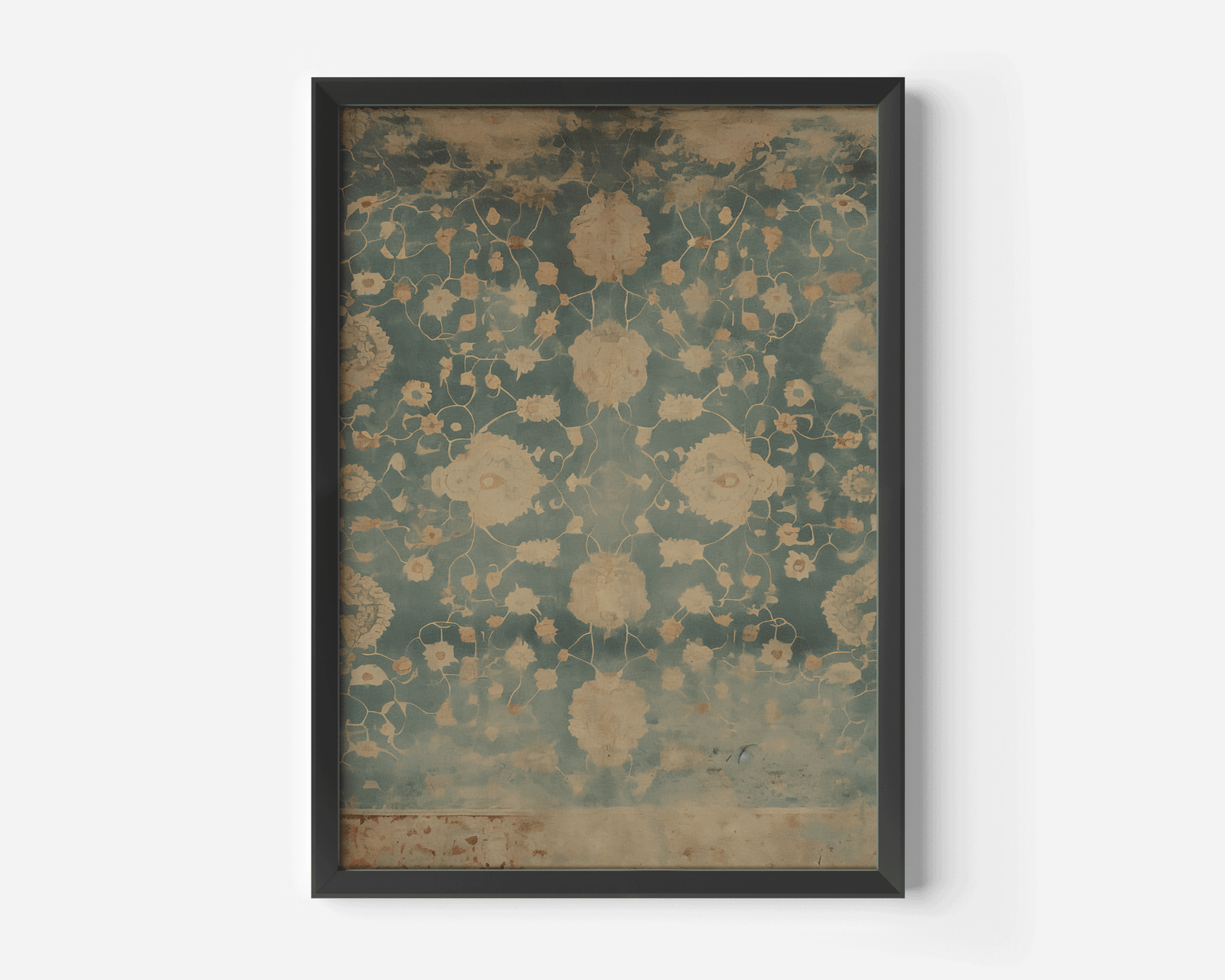 Large floral patterned black-framed wall art with blue and beige textile design on a white background