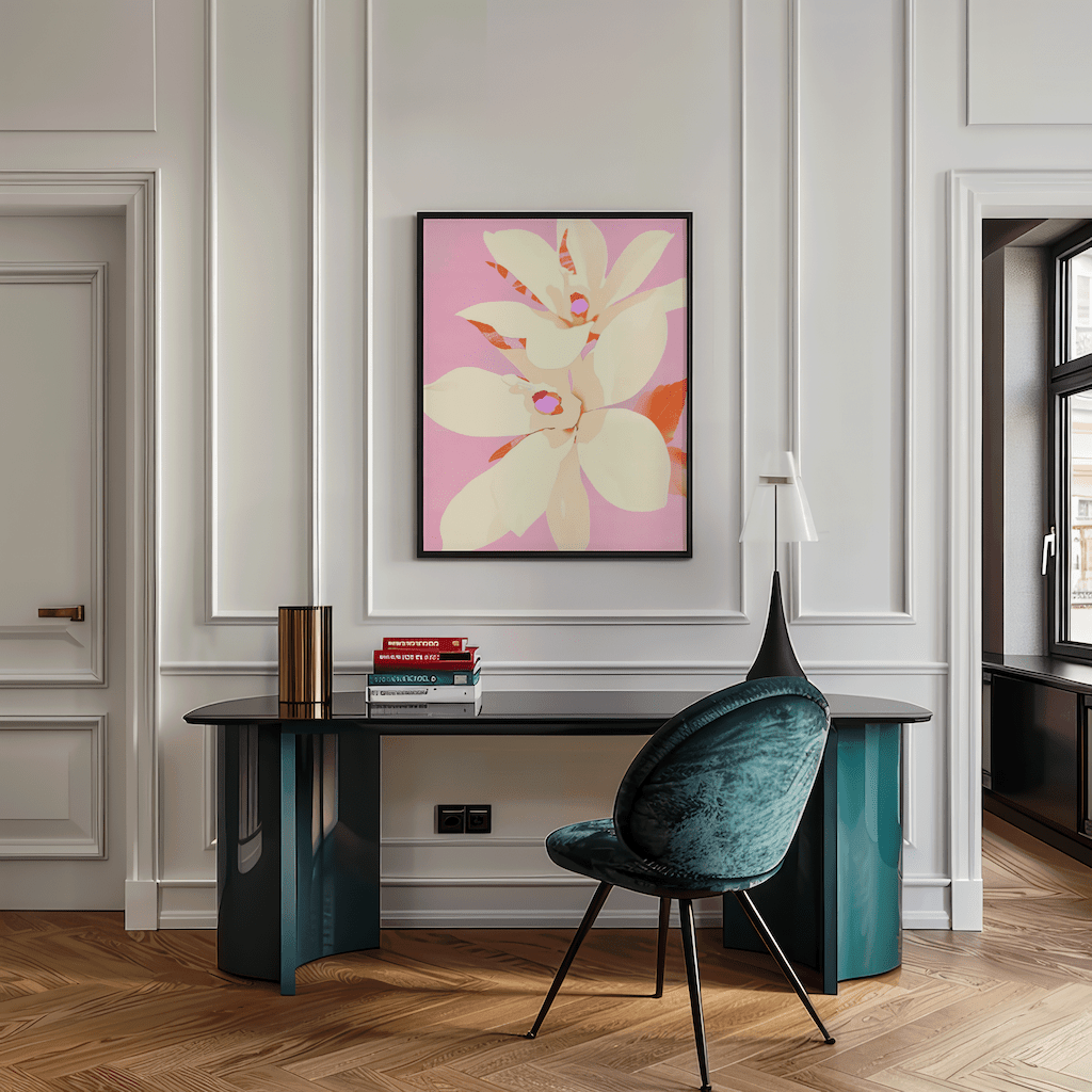 Beige or pale yellow floating flowers on a light pink background. A botanical floral illustration print with pale yellow flowers, coral details, and light pink hues. Black framed artwork above an emerald green desk and velvet chair in a modern office.