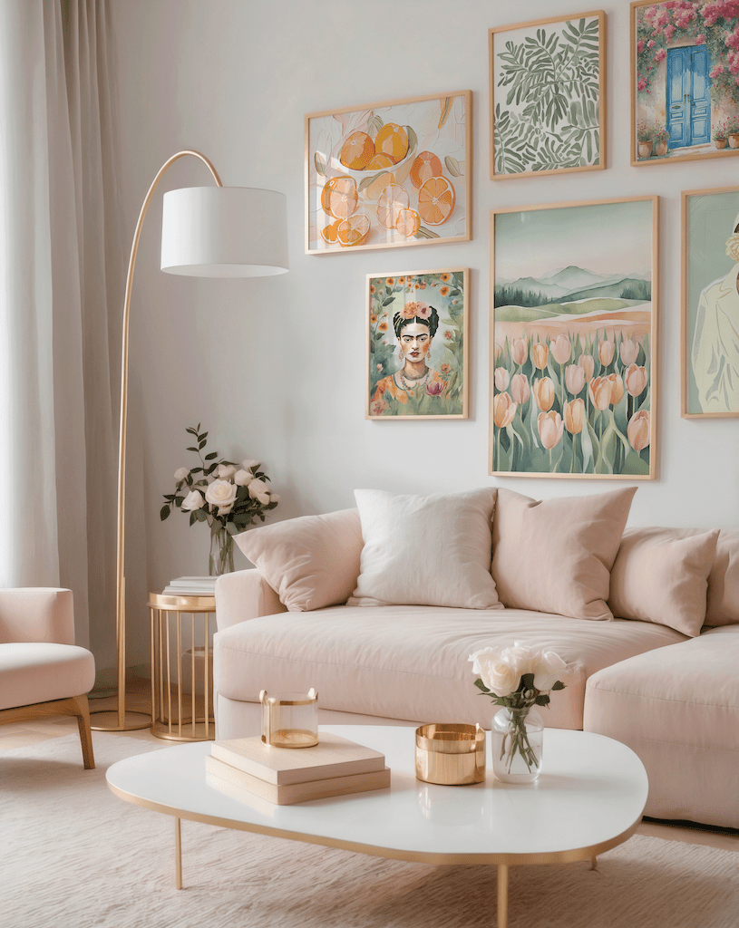 Gallery wall featuring botanical leaf wall art alongside complementary floral and landscape prints, styled in coordinated light wood frames in a neutral living space with a soft blush pink sofa