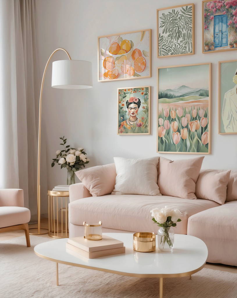 Gallery wall featuring botanical leaf wall art alongside complementary floral and landscape prints, styled in coordinated light wood frames in a neutral living space with a soft blush pink sofa