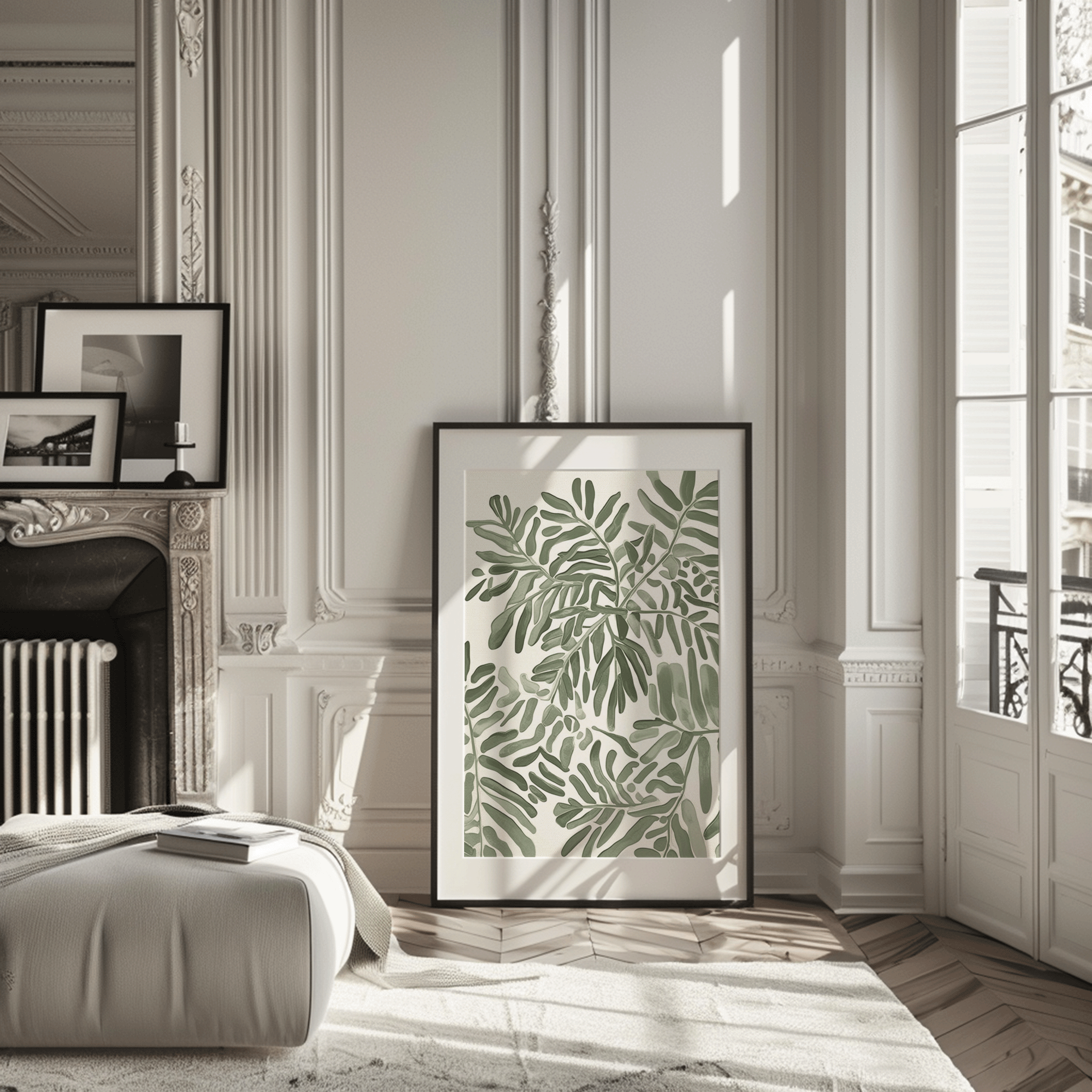 Single botanical leaf wall art print in a light wood frame leaning against a living room wall, featuring soft green leaves in a refined neutral space with traditional molding