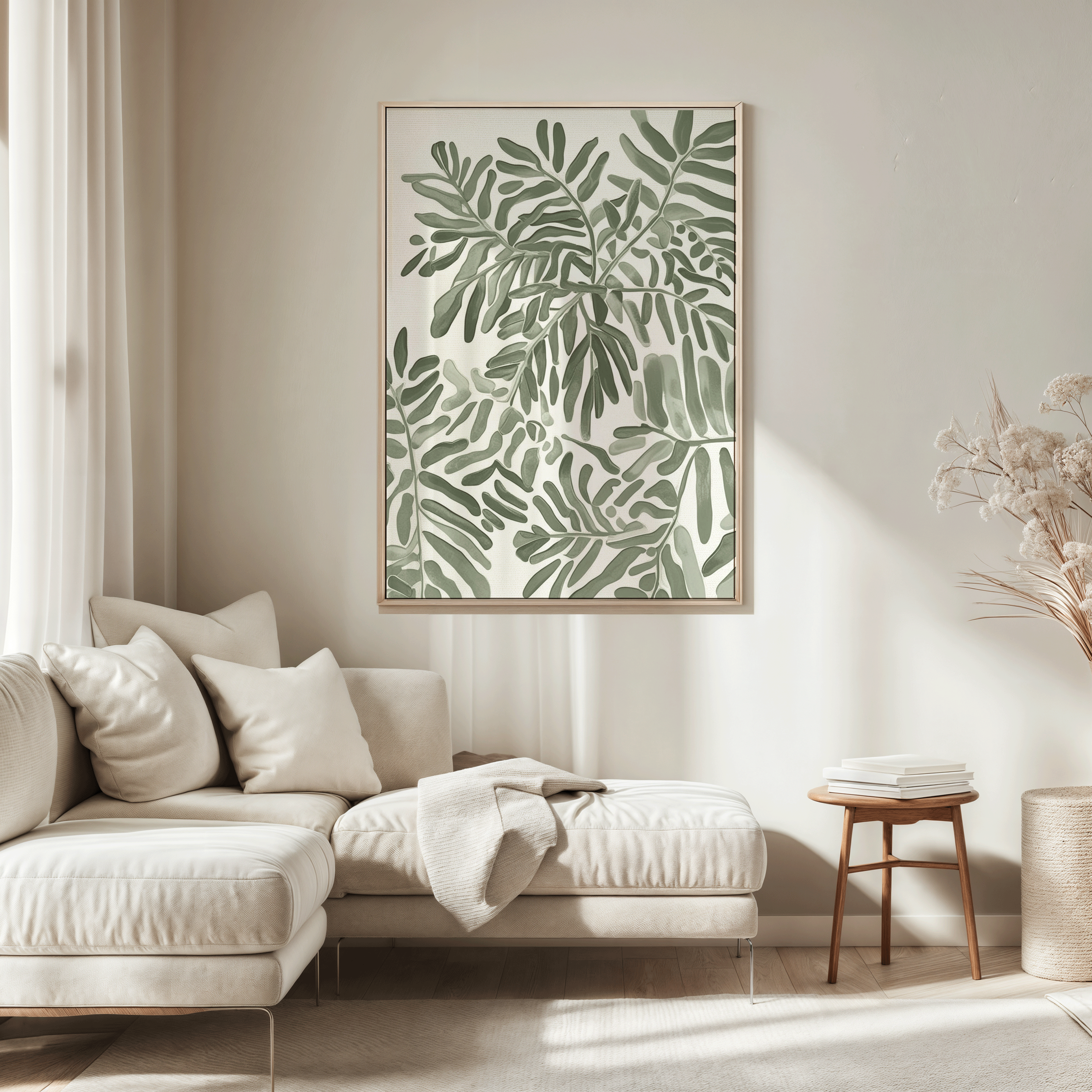 Single botanical leaf wall art print in a light wood frame styled above a cream sectional sofa, featuring soft green foliage artwork in a neutral living room setting