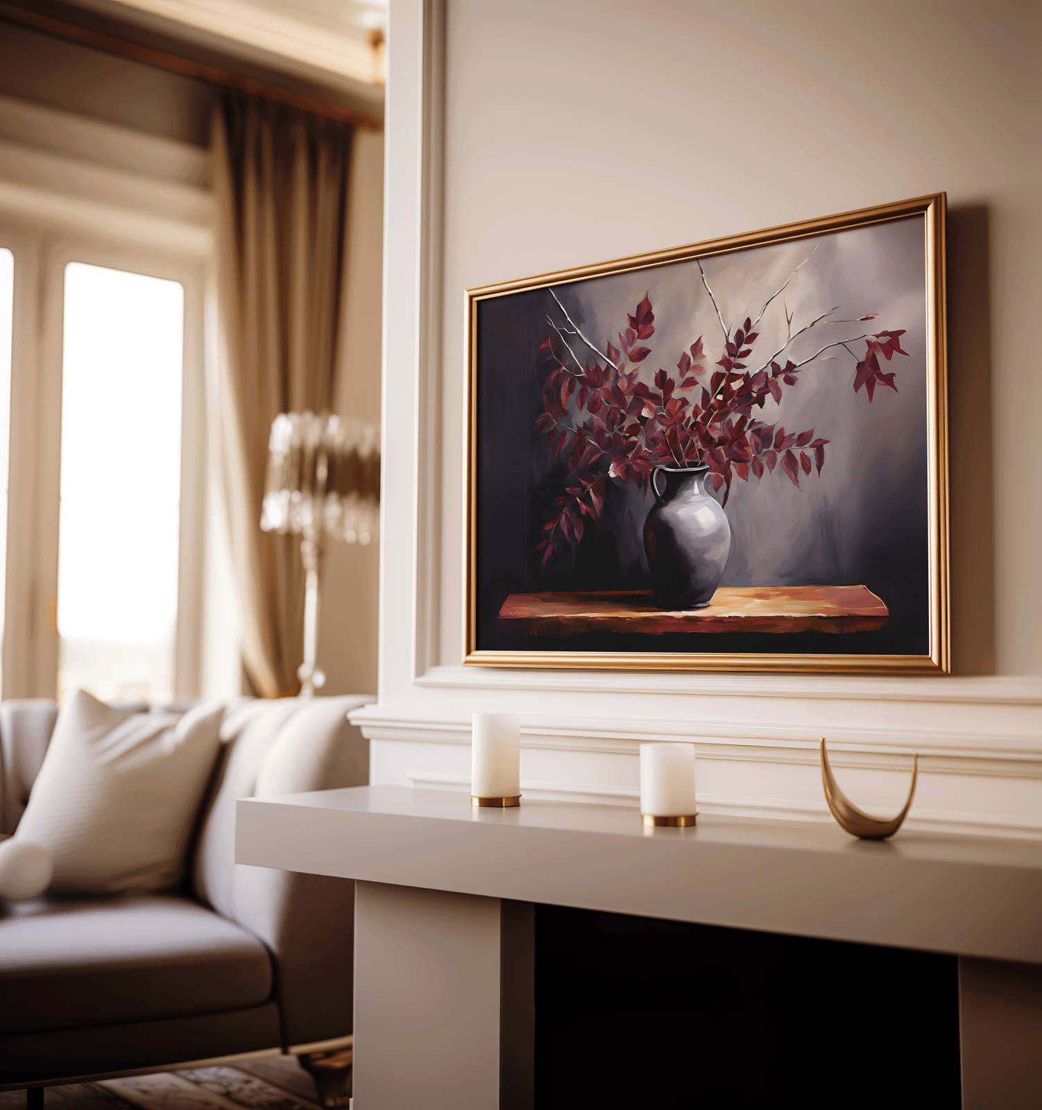 Vintage botanical still life wall art print with burgundy leaves in dark grey vase on a fireplace mantel