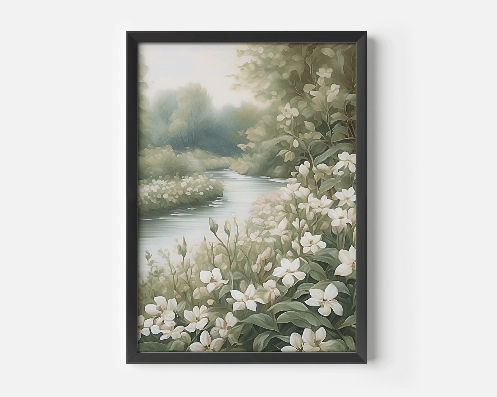 Botanical wall art print in black frame featuring white wildflowers along a river